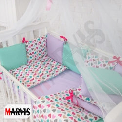 Lenjerie Pătuț Bebe/Copii cu 7 Piese - Model Inimi Multicolore